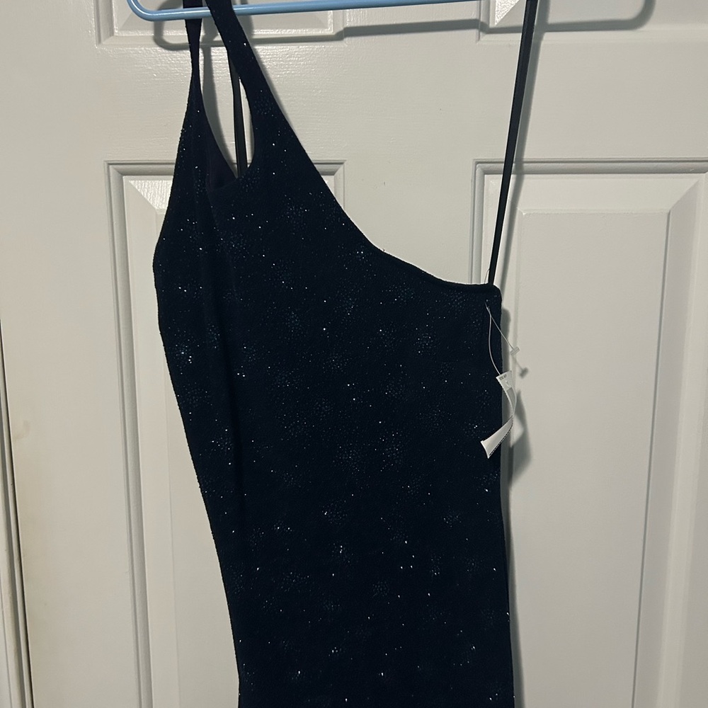 Alyn Paige One Shoulder Dress in Dark Blue with Sparkle